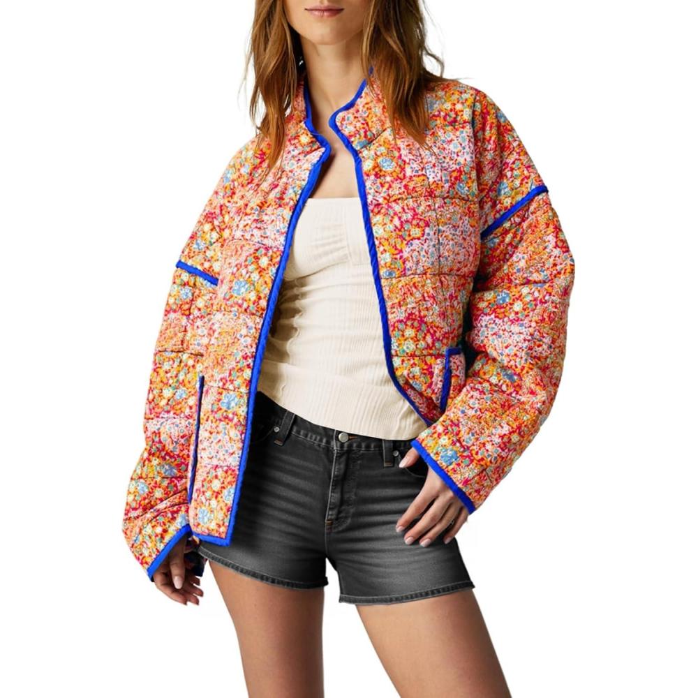 imageTankaneo Womens Quilted Lightweight Jackets Floral Print Winter Coats Open Front Cardigan with PocketsOrange