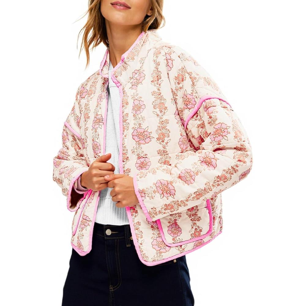 imageTankaneo Womens Quilted Lightweight Jackets Floral Print Winter Coats Open Front Cardigan with PocketsPink