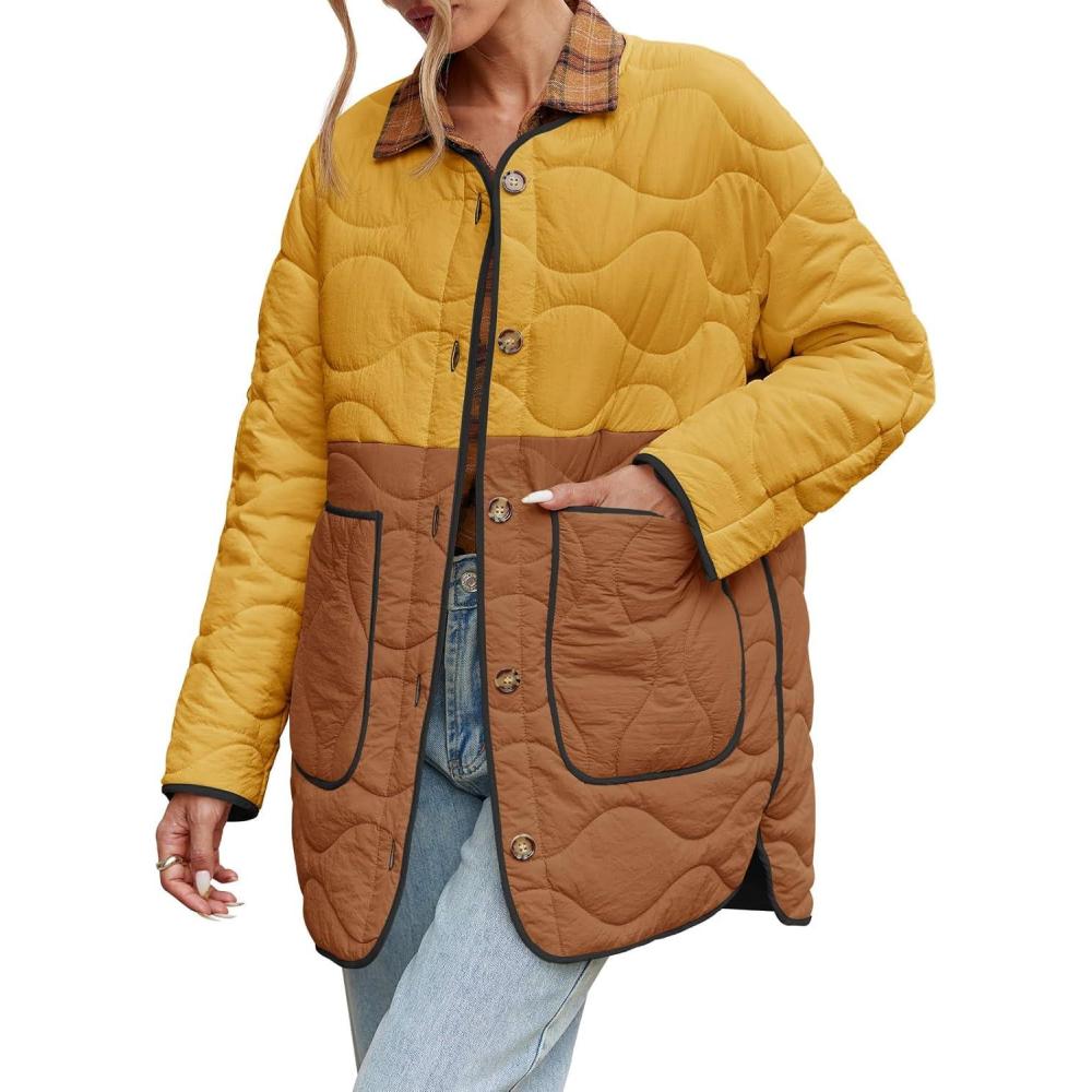 imageTankaneo Womens Quilted Lightweight Jackets Mid Length Collarless Shacket Coats Button Down Winter OuterwearBrown