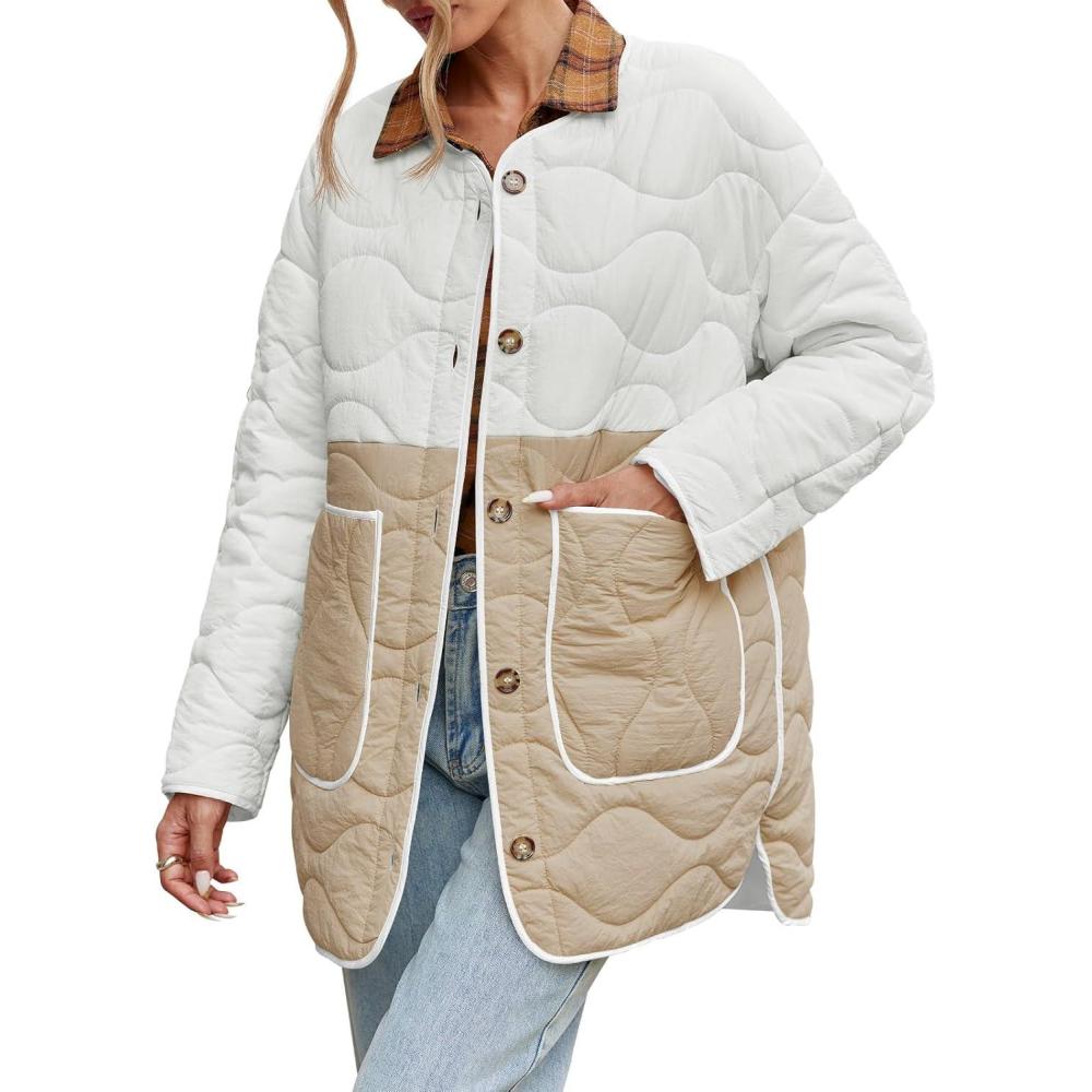 imageTankaneo Womens Quilted Lightweight Jackets Mid Length Collarless Shacket Coats Button Down Winter OuterwearKhaki
