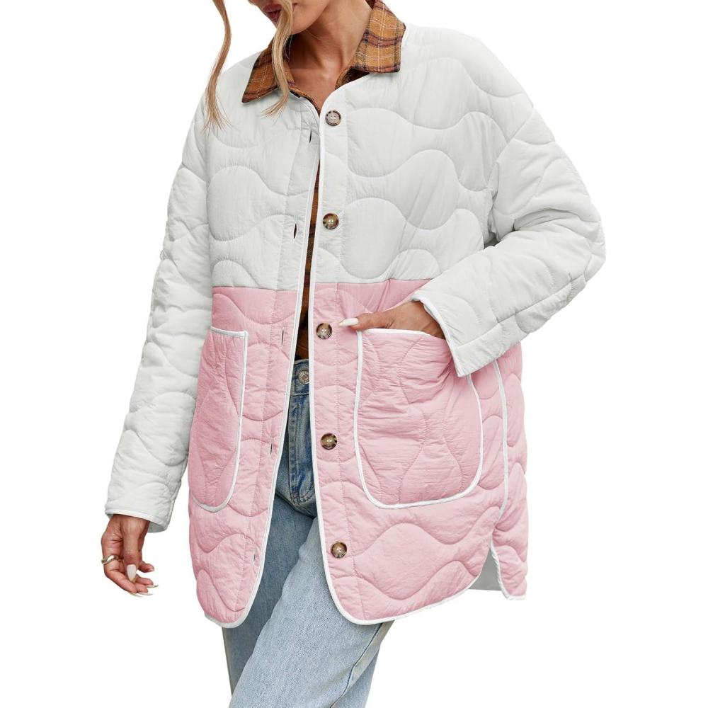 imageTankaneo Womens Quilted Lightweight Jackets Mid Length Collarless Shacket Coats Button Down Winter OuterwearPink