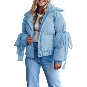 Tankaneo Womens Bow Puffer Jacket Winter Warm Cropped Quilted Jackets Baggy Short Down Coats(Blue)