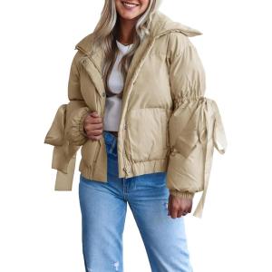 Tankaneo Womens Bow Puffer Jacket Winter Warm Cropped Quilted Jackets Baggy Short Down Coats(Light Khaki)