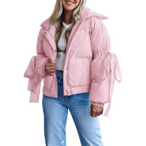 Tankaneo Womens Bow Puffer Jacket Winter Warm Cropped Quilted Jackets Baggy Short Down Coats(Pink)