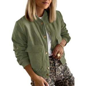 Tankaneo Womens Cropped Puffer Bomber Jacket Winter Casual Button Down Varsity Coats with Pockets(Army Green)