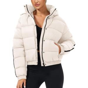 Tankaneo Womens Cropped Puffer Jacket Hooded Quilted Contrast Trim Short Down Coats Outerwear Winter Outfits(Beige)