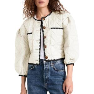 Tankaneo Womens Cropped Quilted Jacket Winter Lightweight Puff 3/4 Sleeve Button Down Contrast Trim Coat(Beige)