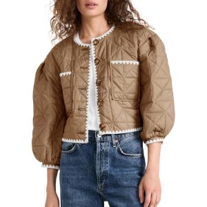 Tankaneo Womens Cropped Quilted Jacket Winter Lightweight Puff 3/4 Sleeve Button Down Contrast Trim Coat(Khaki)