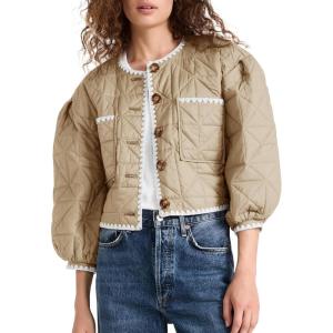 Tankaneo Womens Cropped Quilted Jacket Winter Lightweight Puff 3/4 Sleeve Button Down Contrast Trim Coat(Light Khaki)