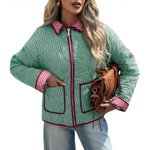 Tankaneo Womens Cropped Quilted Jackets Plaid Lightweight Full Zip Up Jacket Puffer Padded Coat with Pockets(Green)