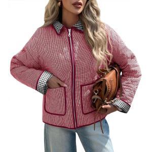 Tankaneo Womens Cropped Quilted Jackets Plaid Lightweight Full Zip Up Jacket Puffer Padded Coat with Pockets(Red)