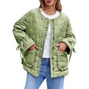 Tankaneo Womens Cropped Quilted Puffer Jackets Lightweight Plaid Button Down Bow Padded Down Coat(Army Green)