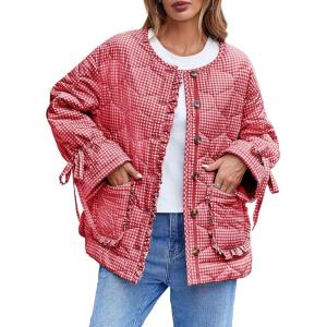 Tankaneo Womens Cropped Quilted Puffer Jackets Lightweight Plaid Button Down Bow Padded Down Coat(Burgundy)