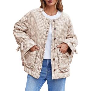 Tankaneo Womens Cropped Quilted Puffer Jackets Lightweight Plaid Button Down Bow Padded Down Coat(Khaki)