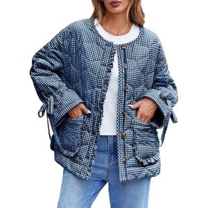 Tankaneo Womens Cropped Quilted Puffer Jackets Lightweight Plaid Button Down Bow Padded Down Coat(Navy)