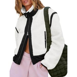Tankaneo Womens Cropped Zip Up Fleece Jacket Stand Collar Fuzzy Sherpa Coat Winter Color Block Teddy Outerwear(White)