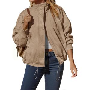 Tankaneo Womens Fleece Lined Cropped Jackets Full Zip Oversized Casual Coats Winter Warm Outerwear Overcoats(Khaki)