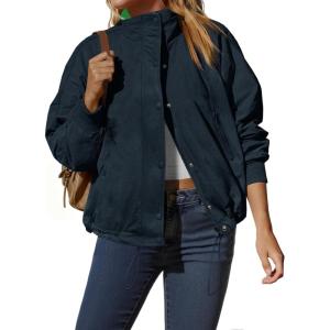 Tankaneo Womens Fleece Lined Cropped Jackets Full Zip Oversized Casual Coats Winter Warm Outerwear Overcoats(Navy)