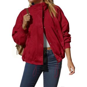 Tankaneo Womens Fleece Lined Cropped Jackets Full Zip Oversized Casual Coats Winter Warm Outerwear Overcoats(Red)