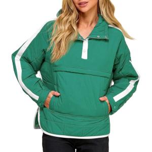 Tankaneo Womens Oversized Puffer Pullover Jacket Quilted Color Block Puffy Hooded Coat Fall Hoodies Outerwear with Pockets(Green)