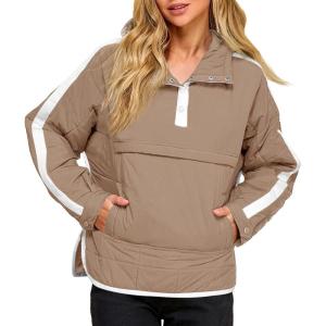 Tankaneo Womens Oversized Puffer Pullover Jacket Quilted Color Block Puffy Hooded Coat Fall Hoodies Outerwear with Pockets(Khaki)