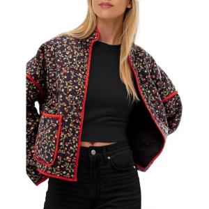 Tankaneo Womens Quilted Lightweight Jackets Floral Print Winter Coats Open Front Cardigan with Pockets(Black)