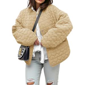 Tankaneo Womens Quilted Lightweight Jackets Winter Loose Fit Puffer Coat 2024 Fashion Outwear with Pockets(Khaki)