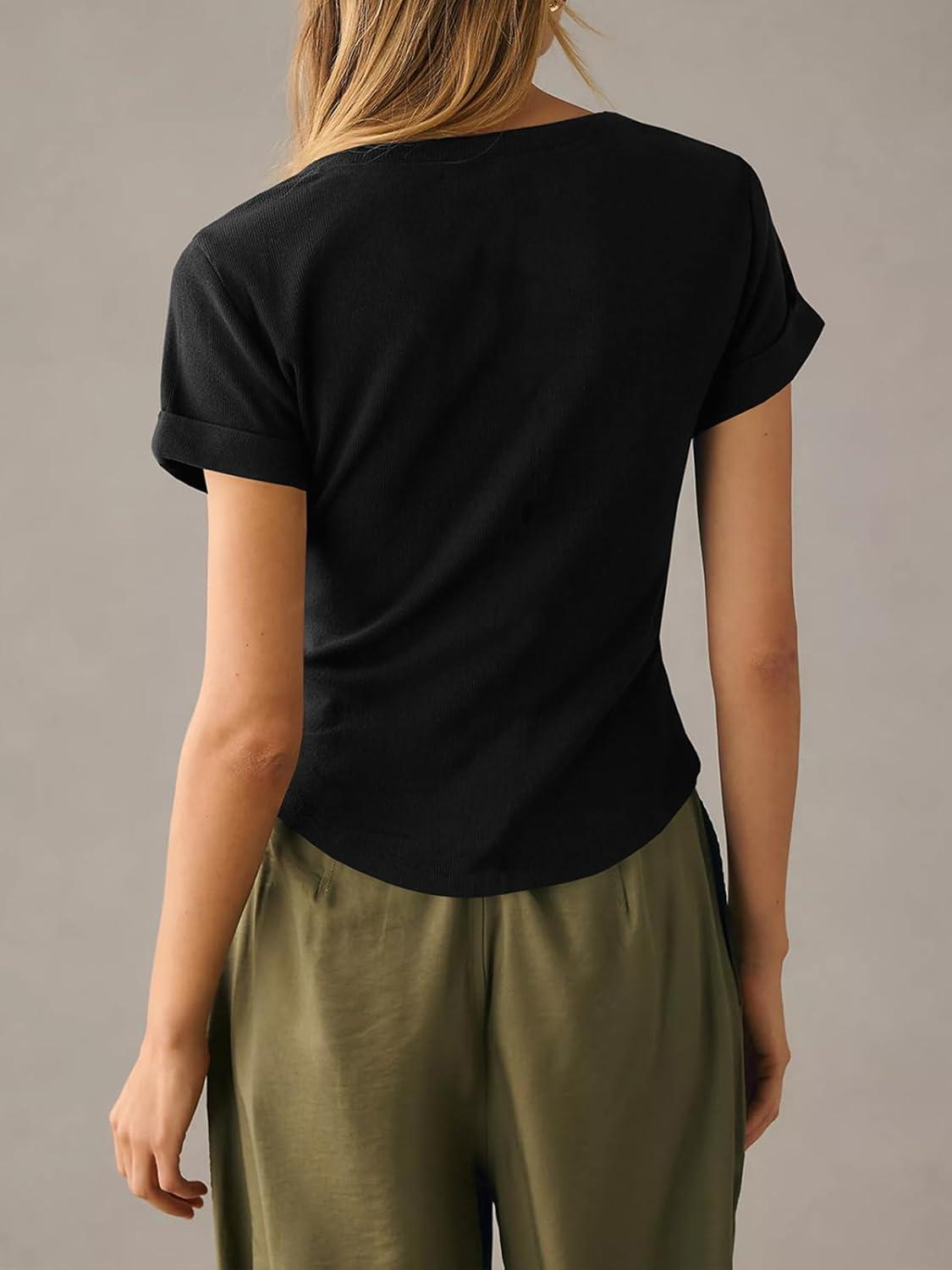 imageTankaneo Women Deep V Neck Low Cut Tops Casual Ribbed Knit Henley TShirts Summer Short Sleeve TeesBlack