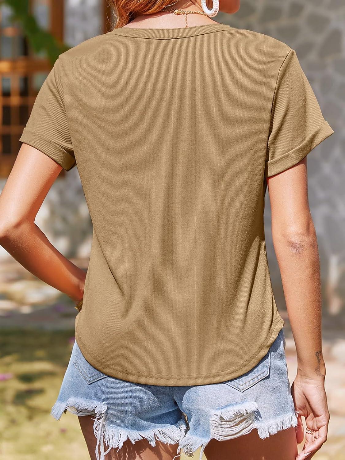 imageTankaneo Women Deep V Neck Low Cut Tops Casual Ribbed Knit Henley TShirts Summer Short Sleeve TeesBrown