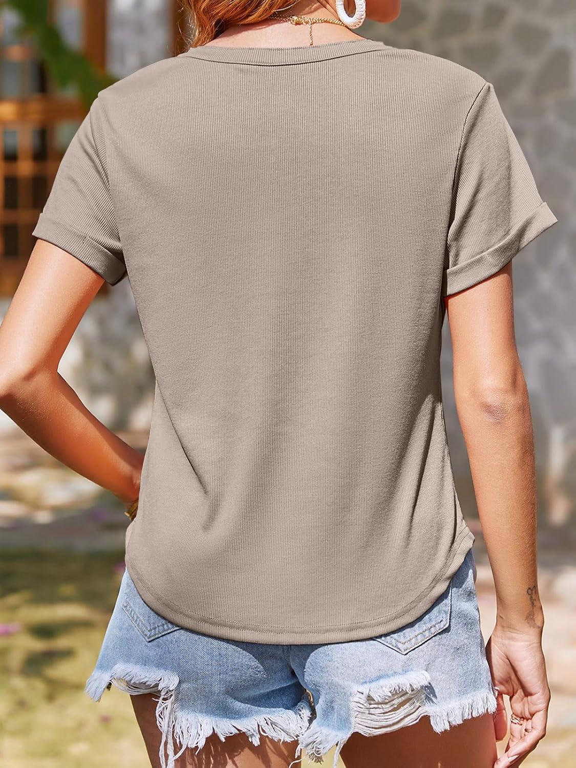 imageTankaneo Women Deep V Neck Low Cut Tops Casual Ribbed Knit Henley TShirts Summer Short Sleeve TeesCoffee