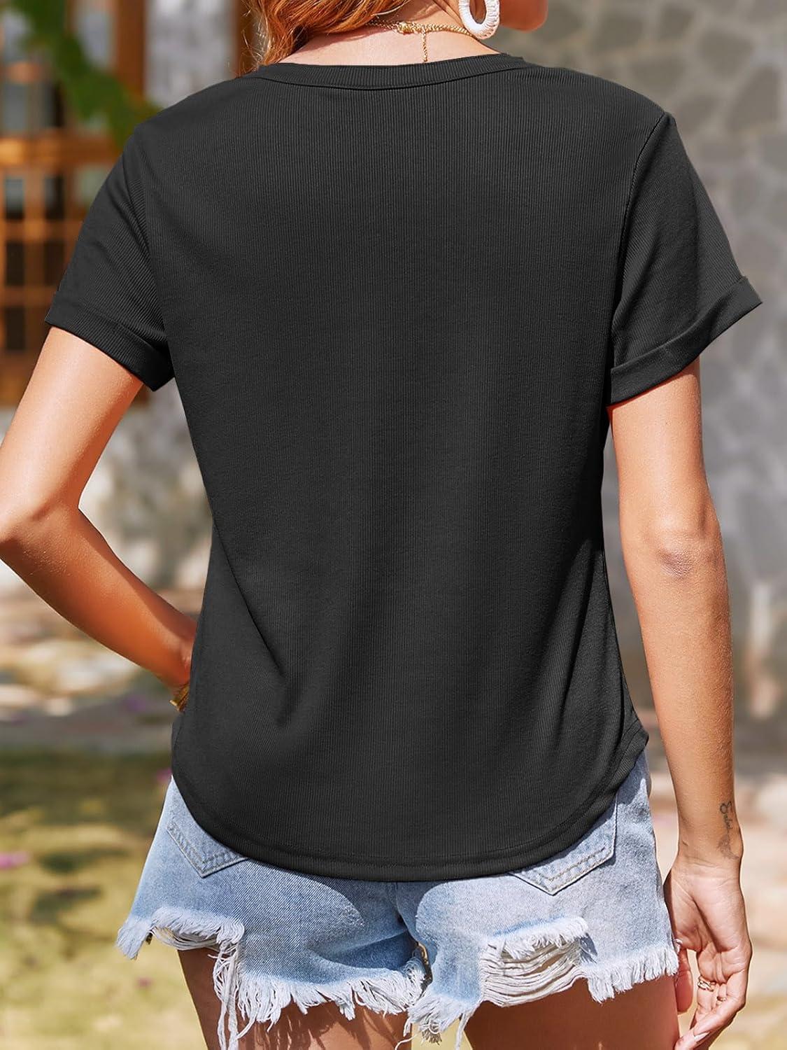 imageTankaneo Women Deep V Neck Low Cut Tops Casual Ribbed Knit Henley TShirts Summer Short Sleeve TeesCool Black