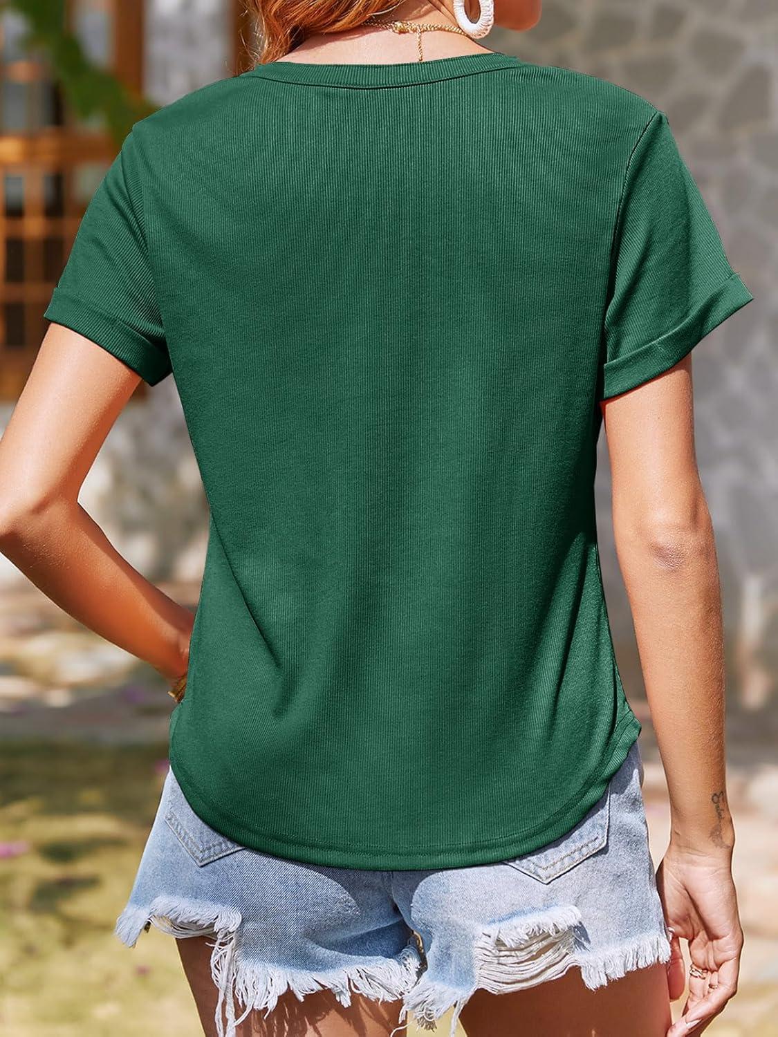 imageTankaneo Women Deep V Neck Low Cut Tops Casual Ribbed Knit Henley TShirts Summer Short Sleeve TeesDgreen