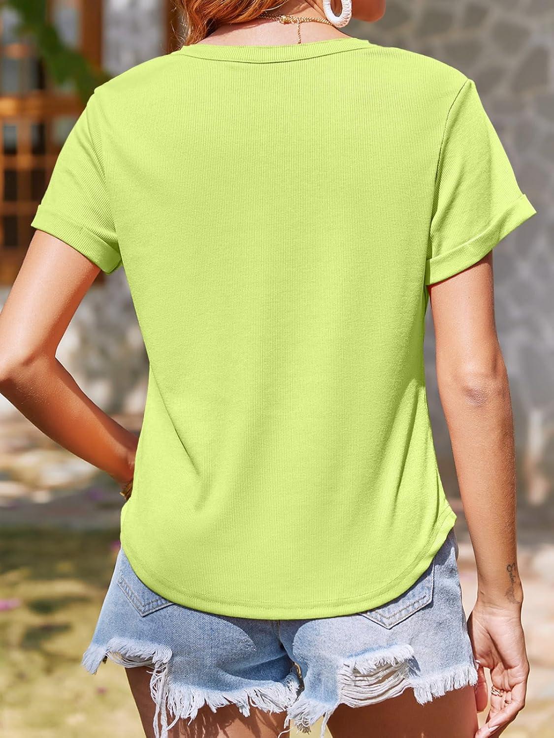 imageTankaneo Women Deep V Neck Low Cut Tops Casual Ribbed Knit Henley TShirts Summer Short Sleeve TeesFluorescent Yellow