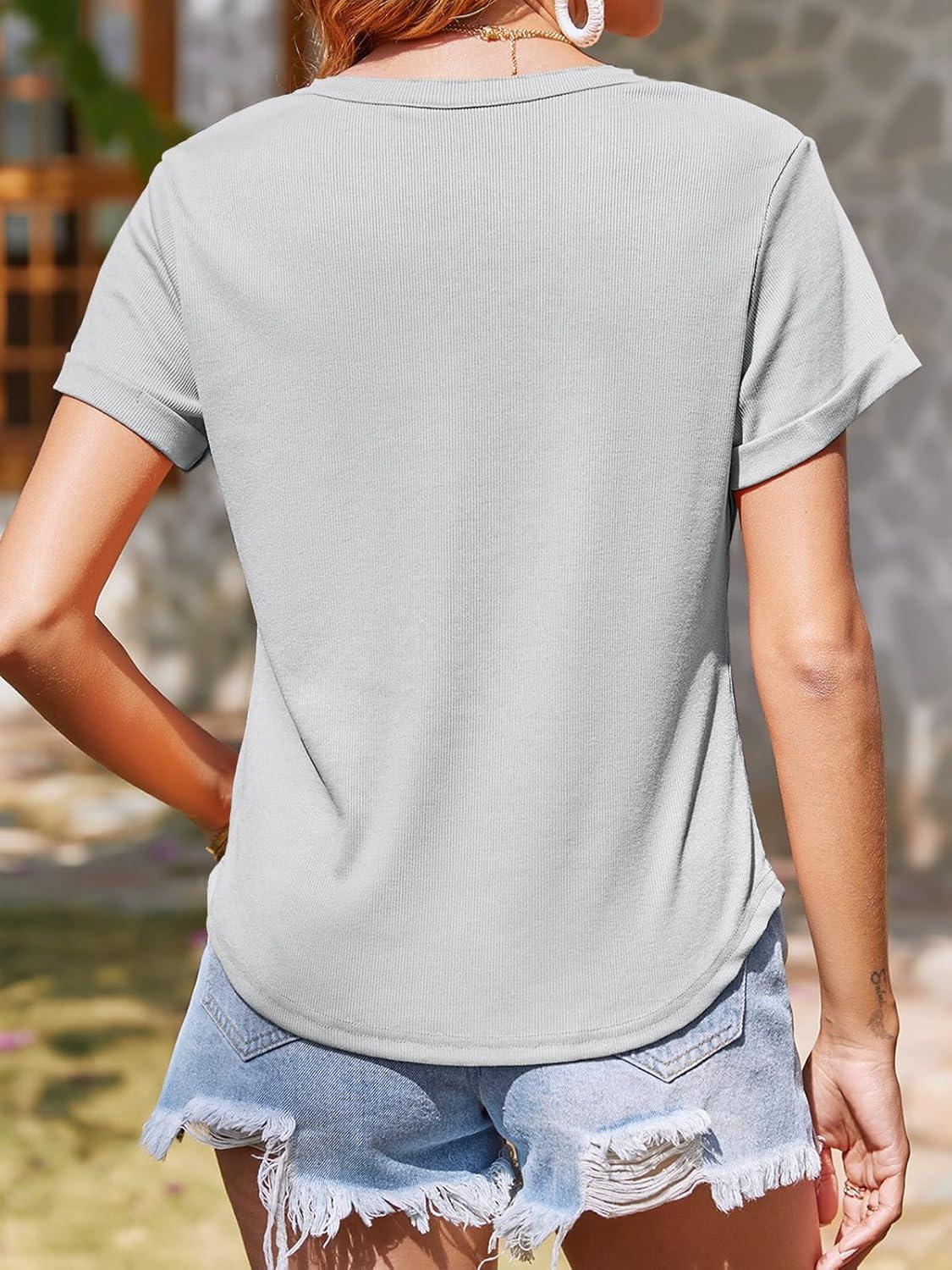 imageTankaneo Women Deep V Neck Low Cut Tops Casual Ribbed Knit Henley TShirts Summer Short Sleeve TeesGrey