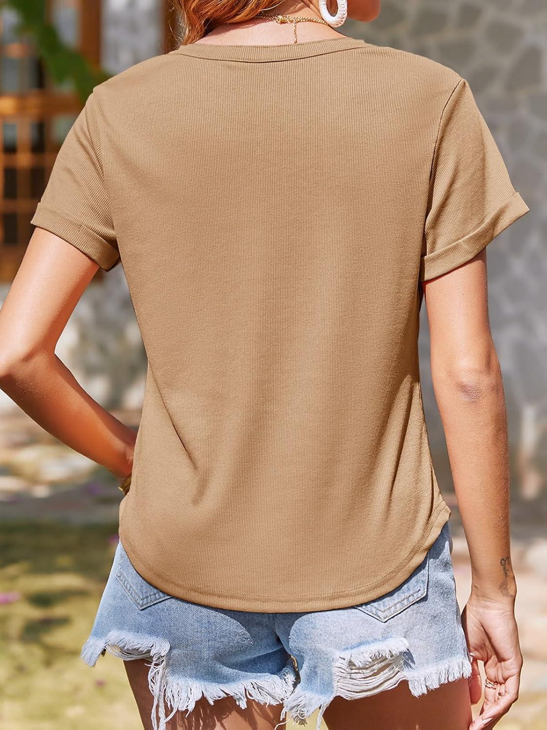 imageTankaneo Women Deep V Neck Low Cut Tops Casual Ribbed Knit Henley TShirts Summer Short Sleeve TeesKhaki