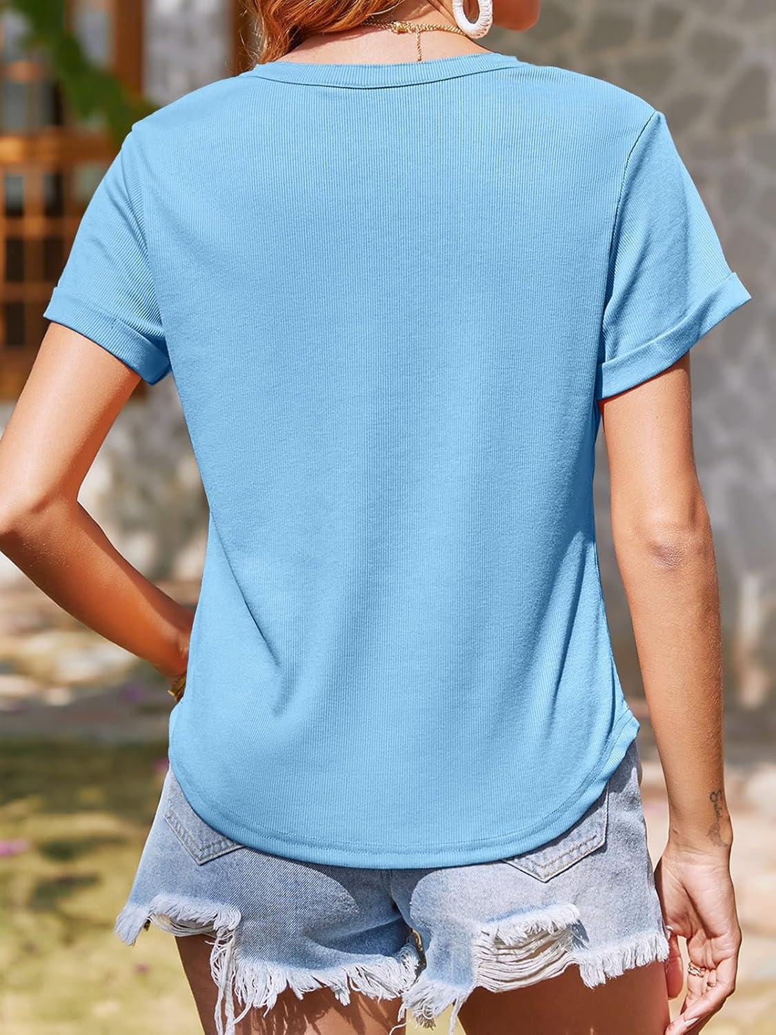 imageTankaneo Women Deep V Neck Low Cut Tops Casual Ribbed Knit Henley TShirts Summer Short Sleeve TeesLight Blue