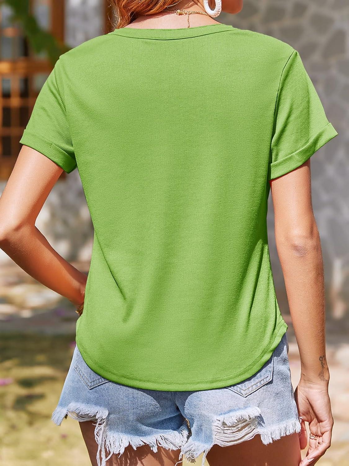 imageTankaneo Women Deep V Neck Low Cut Tops Casual Ribbed Knit Henley TShirts Summer Short Sleeve TeesLight Green