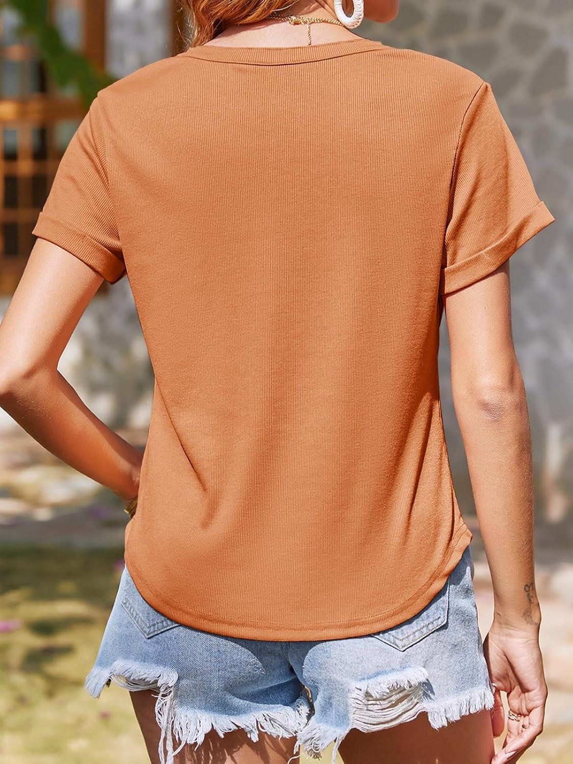imageTankaneo Women Deep V Neck Low Cut Tops Casual Ribbed Knit Henley TShirts Summer Short Sleeve TeesOrange