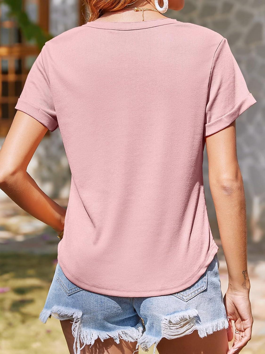 imageTankaneo Women Deep V Neck Low Cut Tops Casual Ribbed Knit Henley TShirts Summer Short Sleeve TeesPink