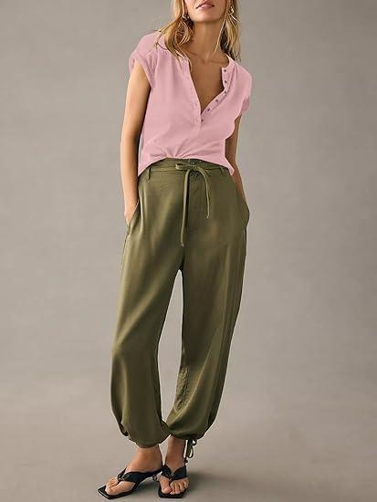 imageTankaneo Women Deep V Neck Low Cut Tops Casual Ribbed Knit Henley TShirts Summer Short Sleeve TeesPink