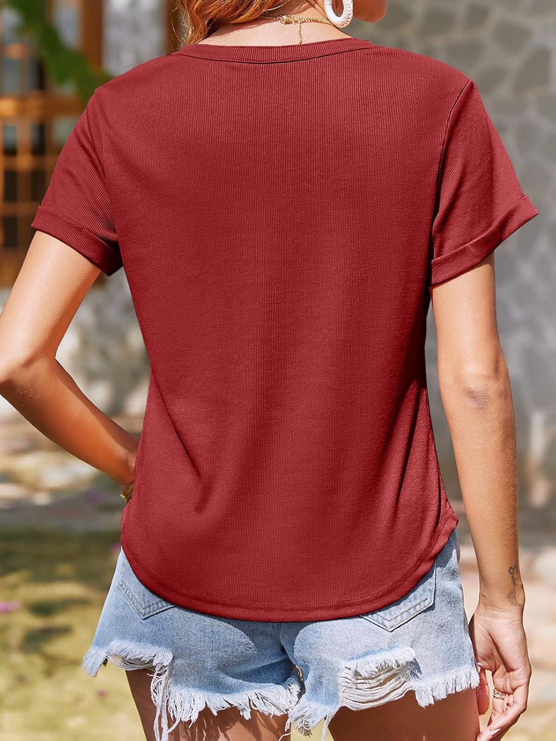 imageTankaneo Women Deep V Neck Low Cut Tops Casual Ribbed Knit Henley TShirts Summer Short Sleeve TeesWine Red