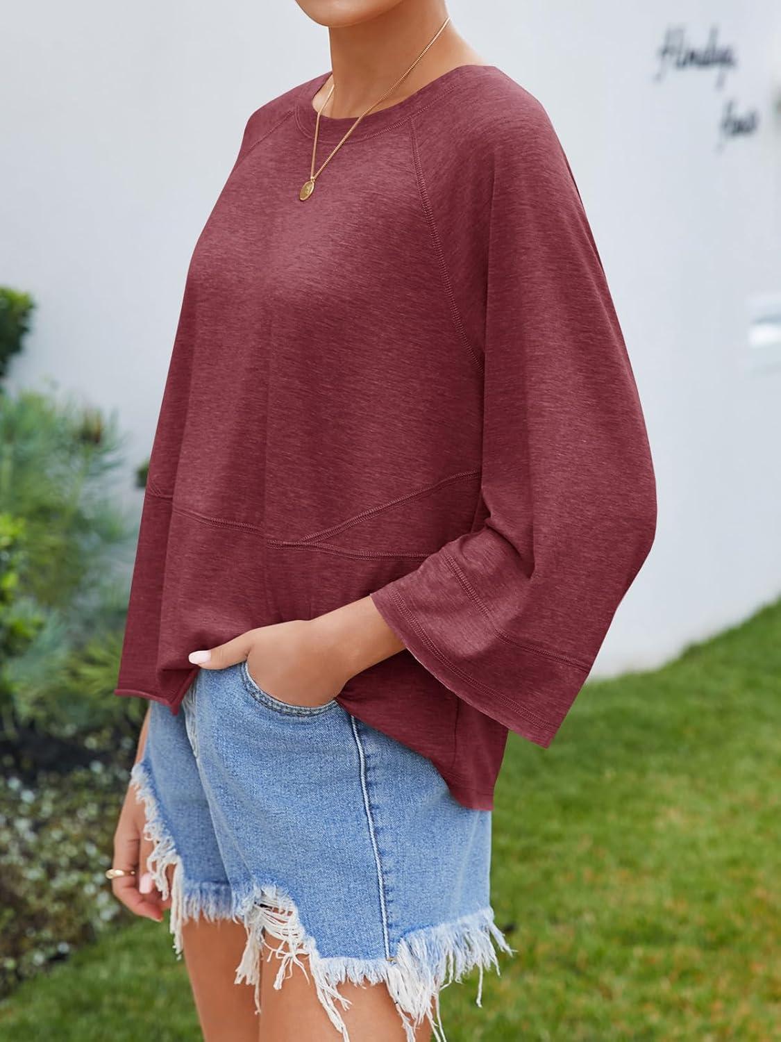 imageTankaneo Womens 34 Batwing Sleeve Tops Casual Loose Fit Crewneck Shirts Fall Flowy Trendy Tees BlouseBurgundy