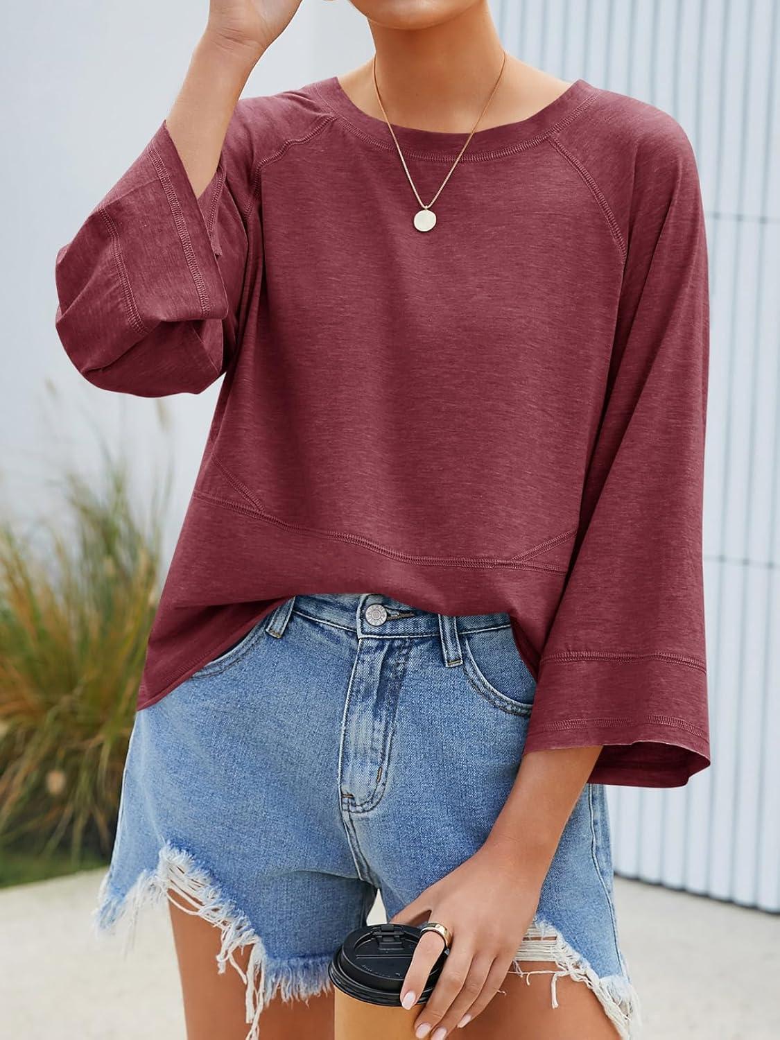 imageTankaneo Womens 34 Batwing Sleeve Tops Casual Loose Fit Crewneck Shirts Fall Flowy Trendy Tees BlouseBurgundy