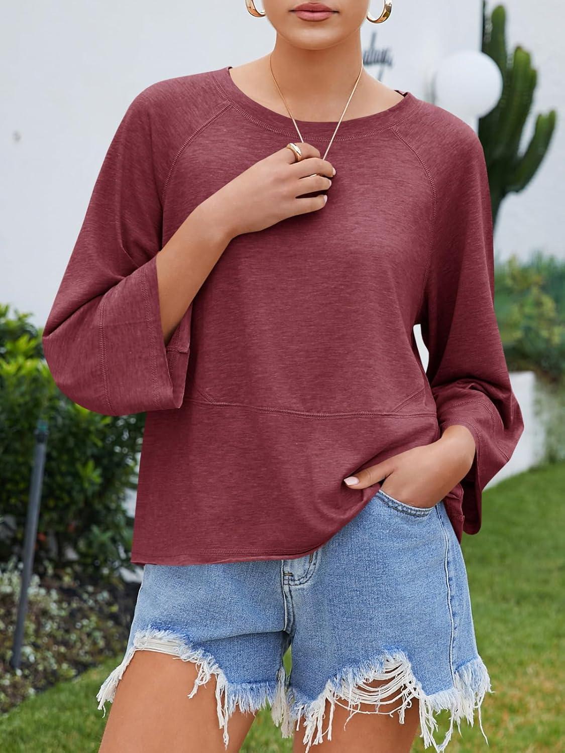imageTankaneo Womens 34 Batwing Sleeve Tops Casual Loose Fit Crewneck Shirts Fall Flowy Trendy Tees BlouseBurgundy