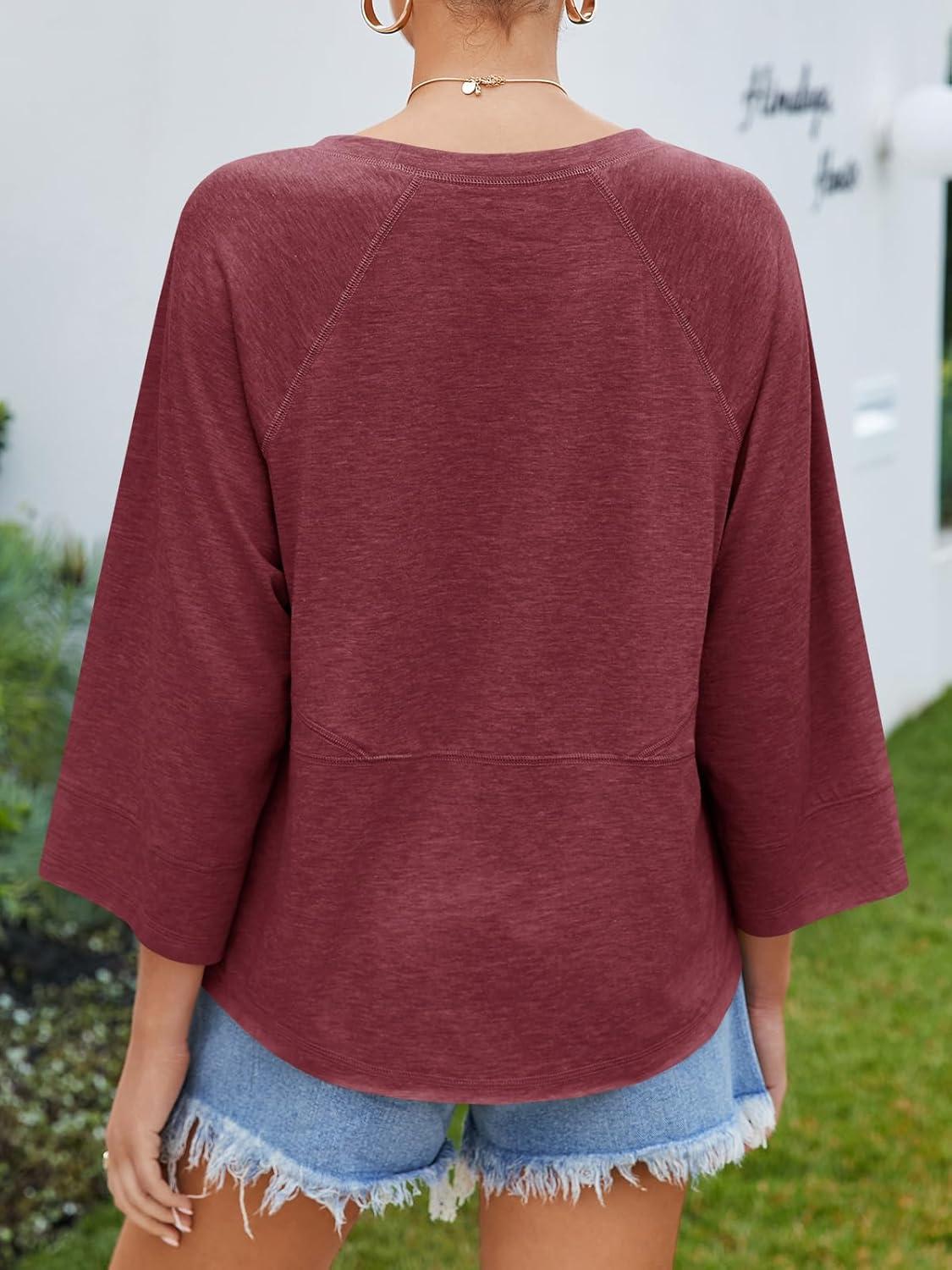 imageTankaneo Womens 34 Batwing Sleeve Tops Casual Loose Fit Crewneck Shirts Fall Flowy Trendy Tees BlouseBurgundy