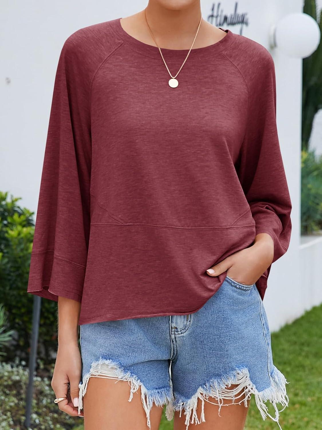 imageTankaneo Womens 34 Batwing Sleeve Tops Casual Loose Fit Crewneck Shirts Fall Flowy Trendy Tees BlouseBurgundy