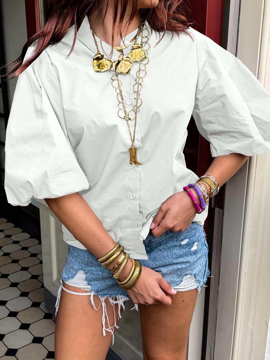 imageTankaneo Womens Half Puff Sleeve Button Down Shirts Cotton Loose Fit Tops Summer Dressy Casual BlousesWhite