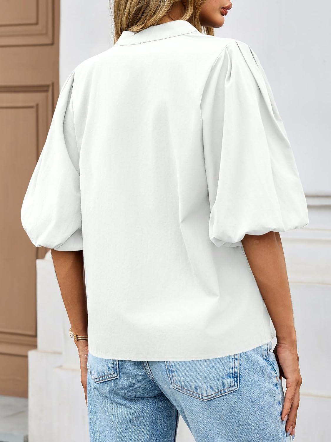 imageTankaneo Womens Half Puff Sleeve Button Down Shirts Cotton Loose Fit Tops Summer Dressy Casual BlousesWhite