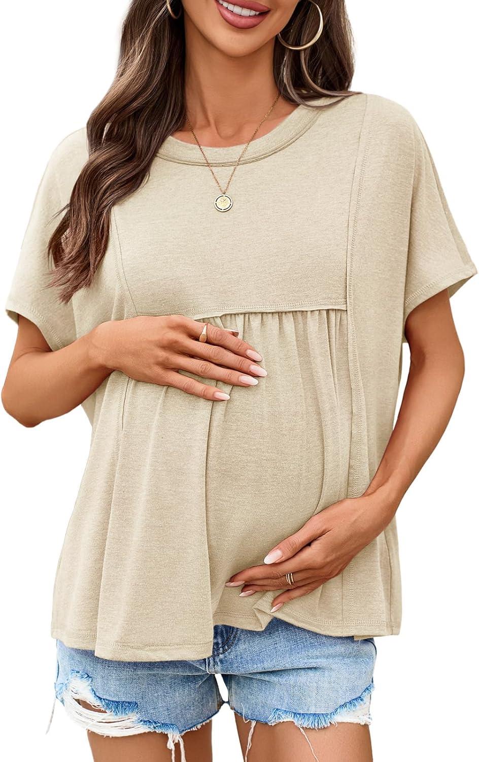 imageTankaneo Womens Maternity Tops Summer Batwing Short Sleeve Casual T Shirts Oversized Pleated Pregnancy ClothesApricot