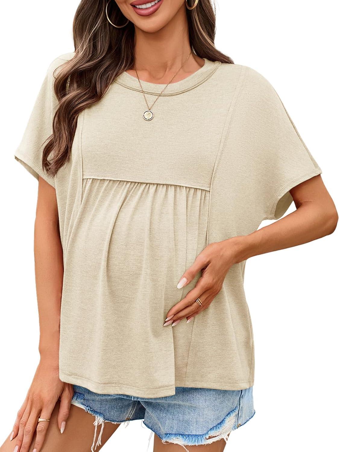 imageTankaneo Womens Maternity Tops Summer Batwing Short Sleeve Casual T Shirts Oversized Pleated Pregnancy ClothesApricot